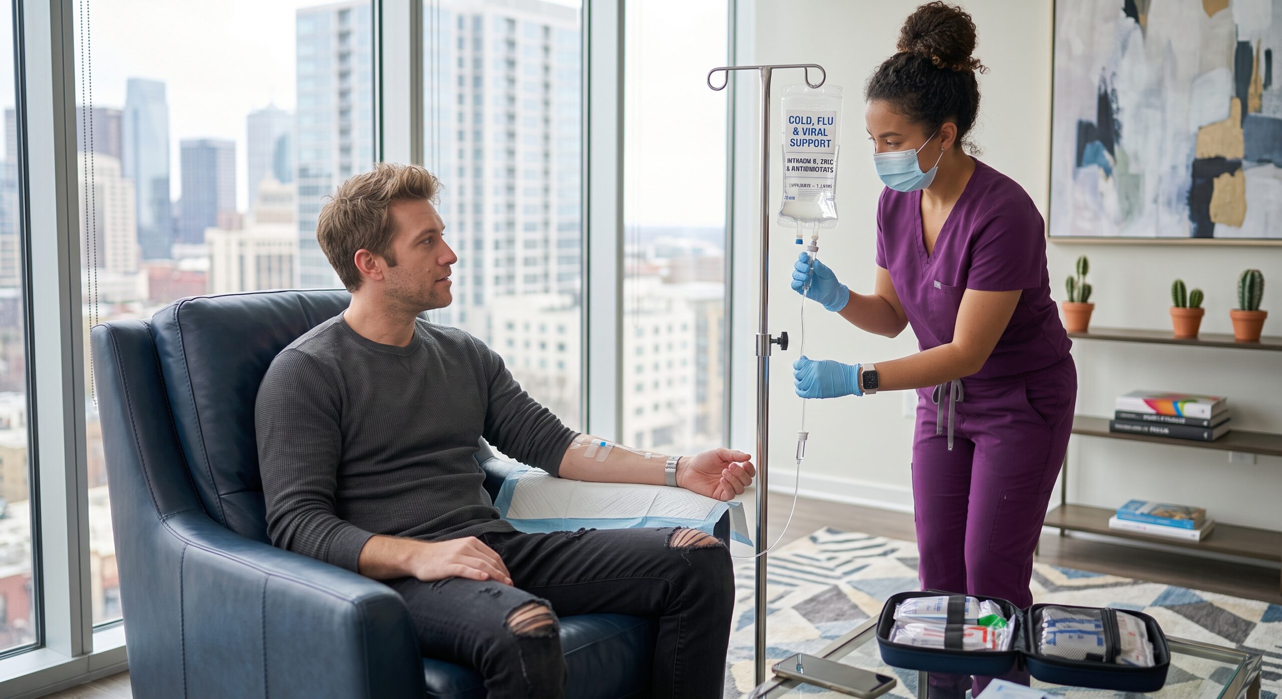 man getting cold, flu & viral support IV therapy in Washington DC